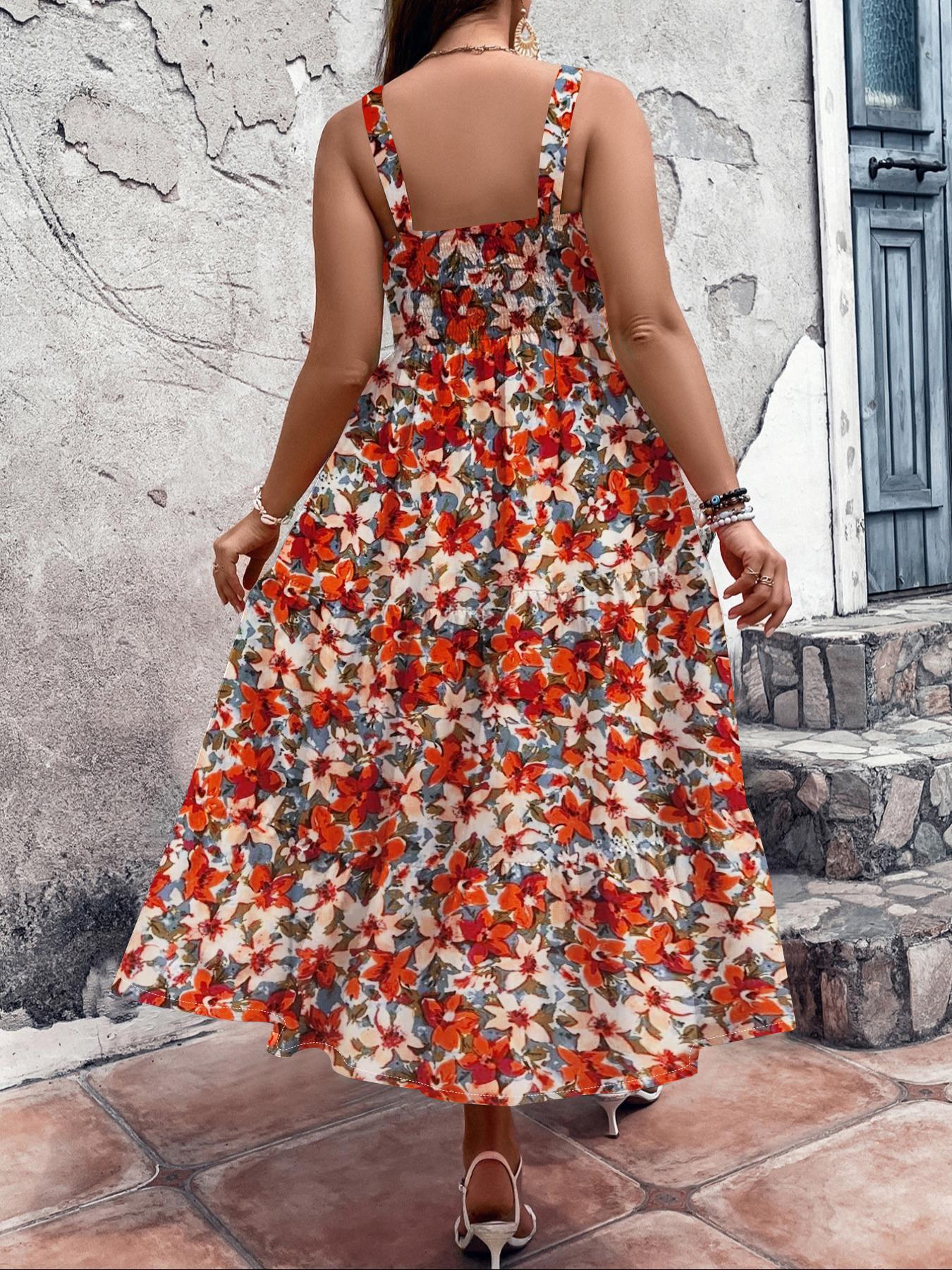 Women's Plus Size Solid Bohemian Shirred Tiered Layer Cami Dress, Elegant Ruffle Hem High Waist A-line Dress for Beach Holiday, Women's Clothes for All Seasons