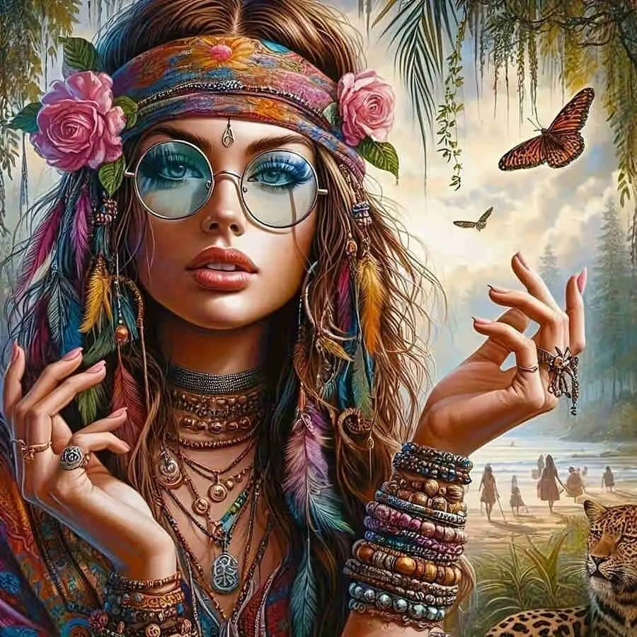 Bohemian Hippie Girl with Feathers and Beaches Diamond Painting Kit, Colorful Free-Spirited Woman with Round Sunglasses and Leopard, High-Quality Full Drill Round & Square Rhinestone Mosaic, 5D DIY Handmade Cross Stitch Home Wall Decor, Diy Diamond Art