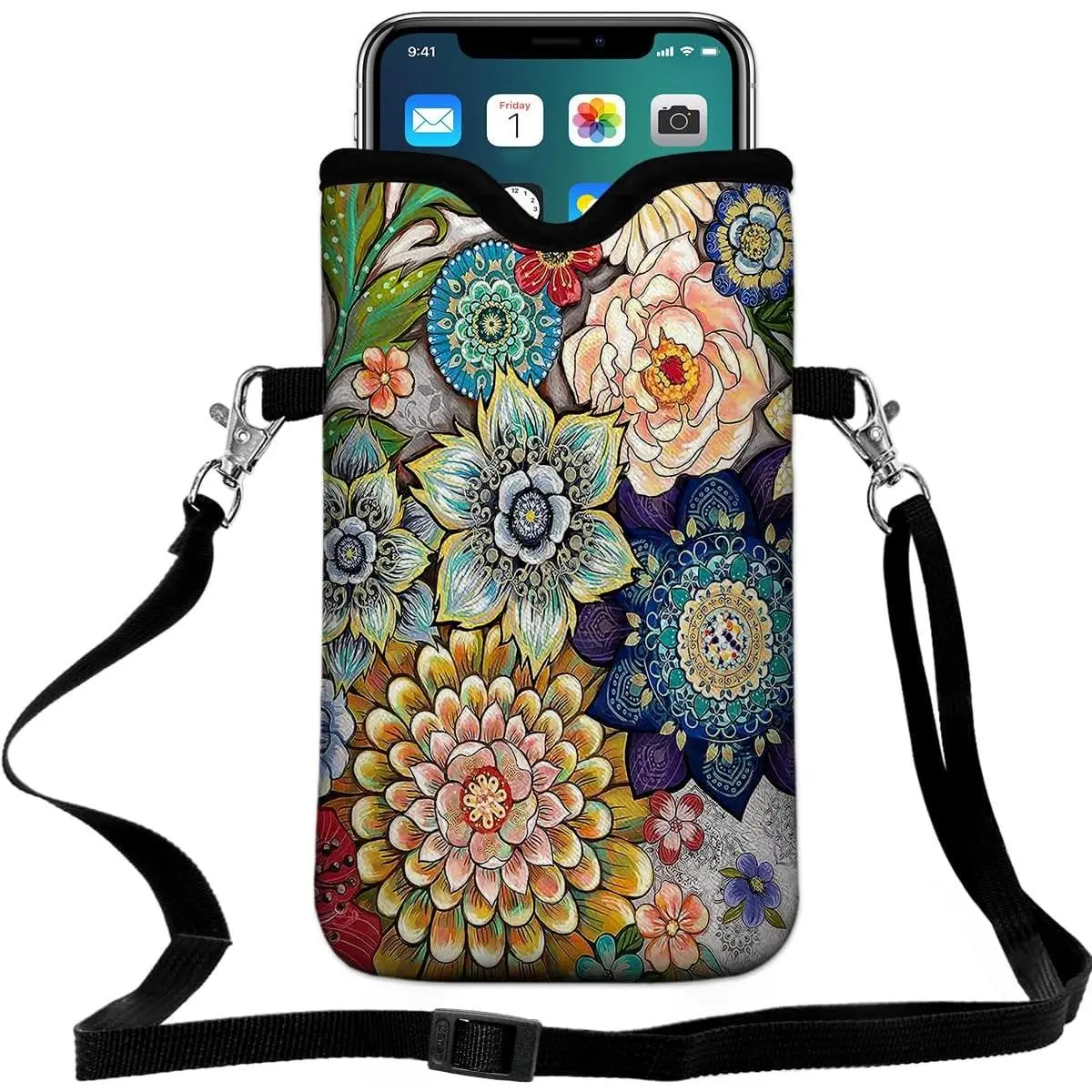 Neoprene Cell Phone Pouch 7.1 X 4 in Mobile Protection Case Bag with Crossbody Strap/ Lanyard Mandala Flower Printed