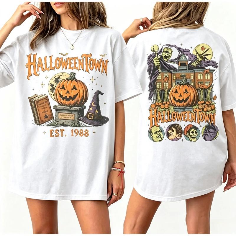 Vintage  Pumpkin Witch Spooky Halloween Double-sided T-shirt, Retro Halloween Tee, Spooky Season T-shirt, 90s Halloween Shirt