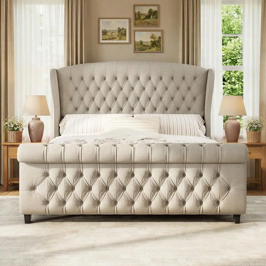 Queen King California King Size Bed Frame For Bedroom Furniture, Chenille Upholstered Platform Sleigh Bed With Scroll Wingback Headboard And Footboard, Button Tufted Design, No Box Spring Required,wood,corner bed frame,floor,cama,,twin