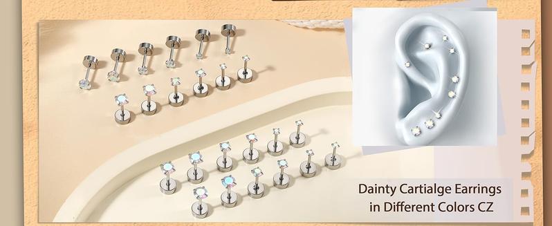 CASSIECA 12Pairs 20G Stainless Steel CZ Stud Earrings for Women Men Cartilage Helix Earrings Set Round Cubic Zirconia Screw Flat Back Stud Piercing
