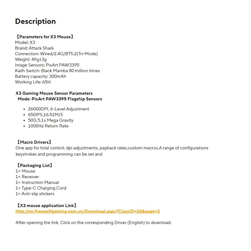 ATTACK SHARK X3 Wireless Mouse with Anti-slip Sticker, 2.4G Tri-mode Connection Gaming Mouse, 26000dpi 650IPS Lightweight Macro Gaming Mouse for PC Laptop