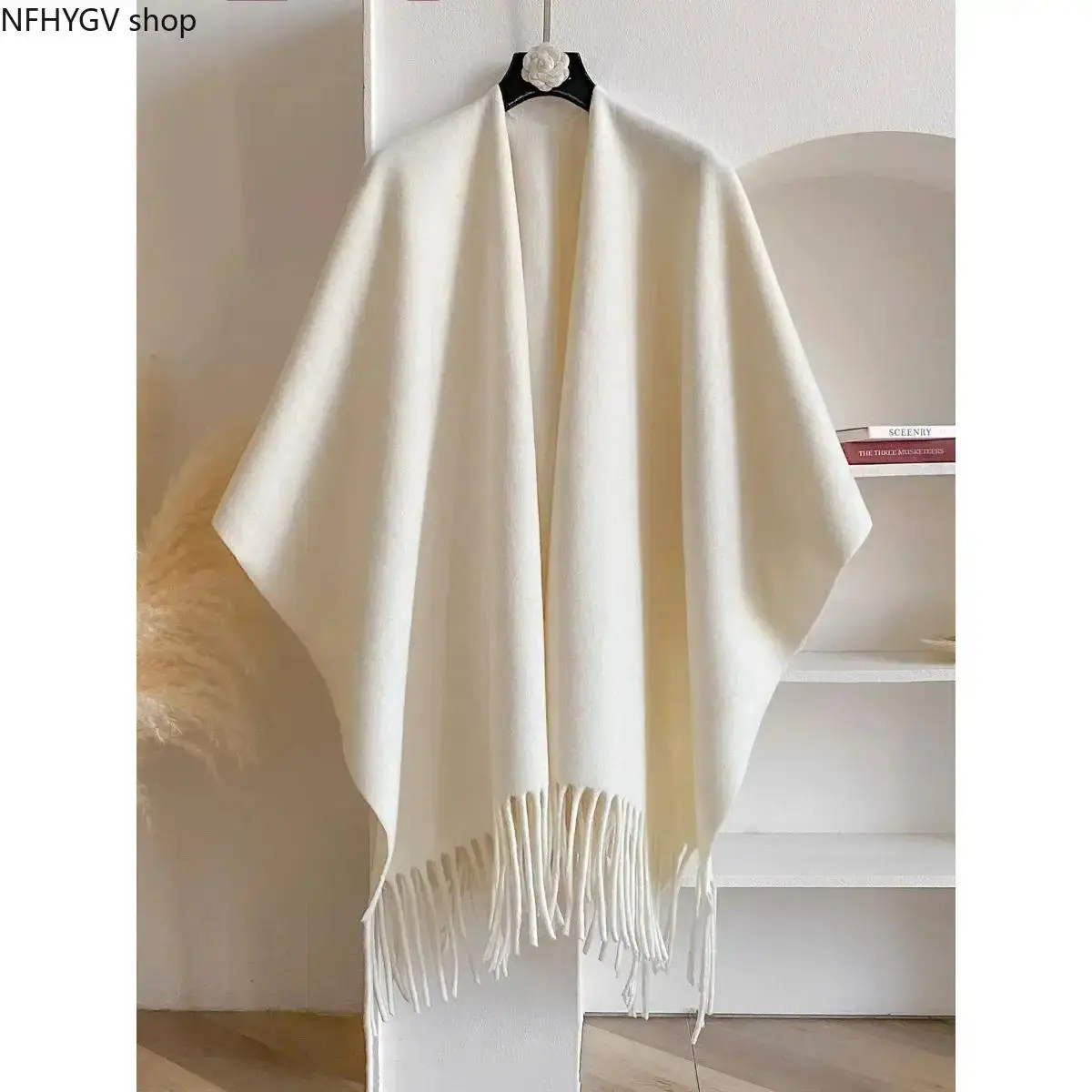 Women Plain Solid Color Tencel Chiffon Fringe Shawl, Boho Style Cape Wrap Scarf, Multi-Way Shoulder Accessory For Ladies All Season Daily Travel Casual Styling Use