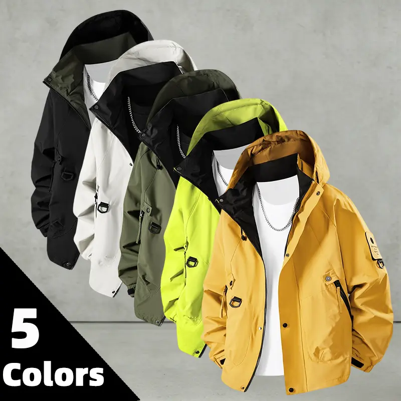 New style hooded workwear jacket with multiple pockets, featuring velcro arm patches, functional outdoor clothing for hiking, windproof and waterproof, casual sportswear, loose fit, drop shoulder design, trendy brand, versatile short jacket