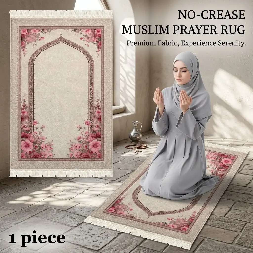 Muslim Prayer Rug, Namaz Salah Mat, Base Floral, Foam-Padded, Non-Slip, Tassel Fringed, Foldable, Islamic Decor, Ramadan Eid Gift