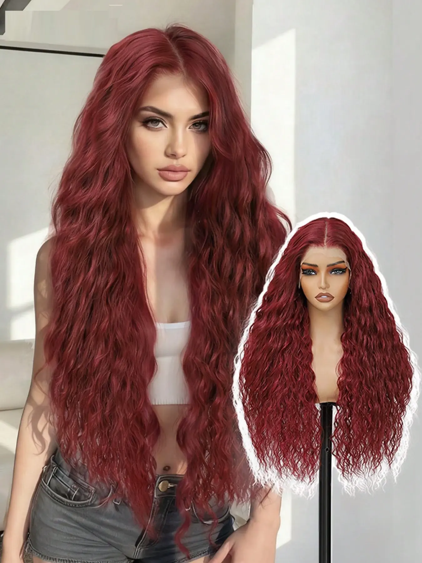 Sensationnel 13X6 HD Lace Front Wigs 24 Inch Synthetic Curly Wavy Hair With Natural Density Nature Hairline Frontal Lace Wig For Women Wear Daily Party Cosplay And Halloween (Burgundy 99J)