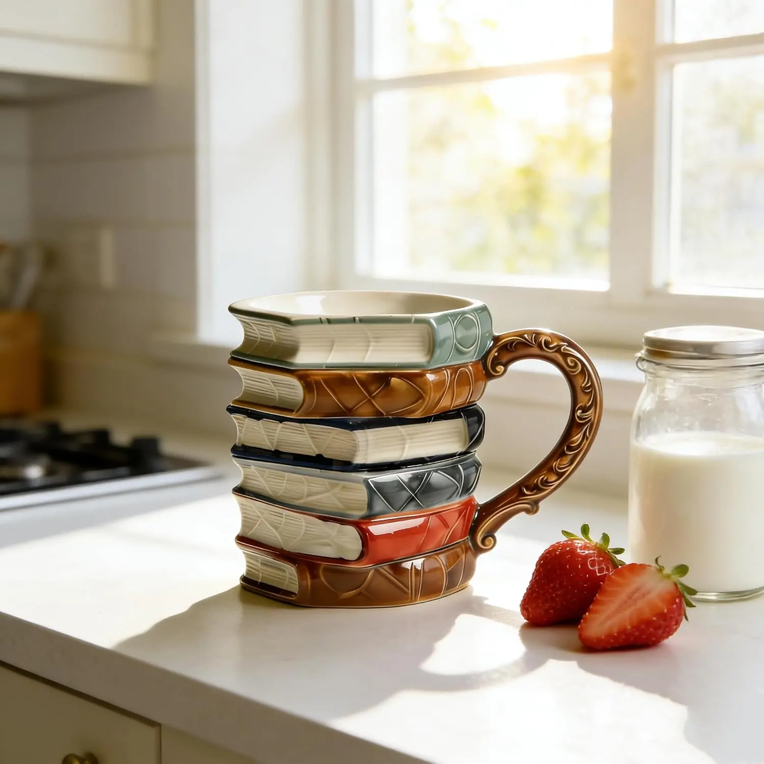 Hand Painted  Book Stack Glass Coffee Mug, Colorful Stained Glass Design, Novelty Cup for Book Lovers ()