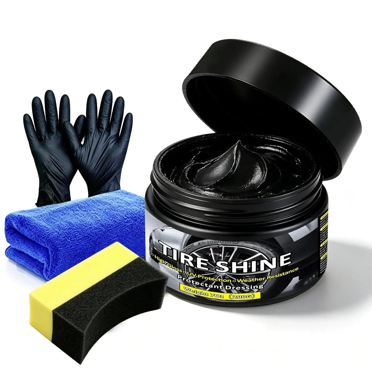 Tire Shine Gel & Wheel Cleaning Wax with Applicator Sponge, Long-Lasting Tire Dressing for Deep Black Wet Gloss Finish, UV Protection for , ,  & RVs, 7oz/200g