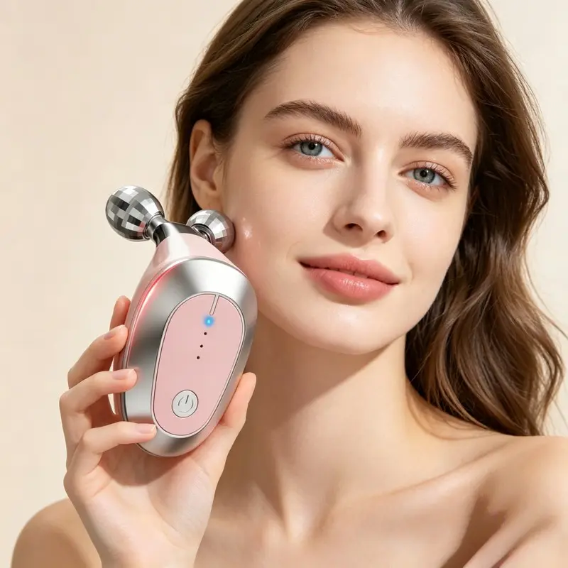 Electric double-ball roller microcurrent vibration for removing wrinkles and rejuvenating skin V-shaped face facial penetration beauty massage device Household facial lifting penetration instrument Face and eye massage EMS roller beauty device