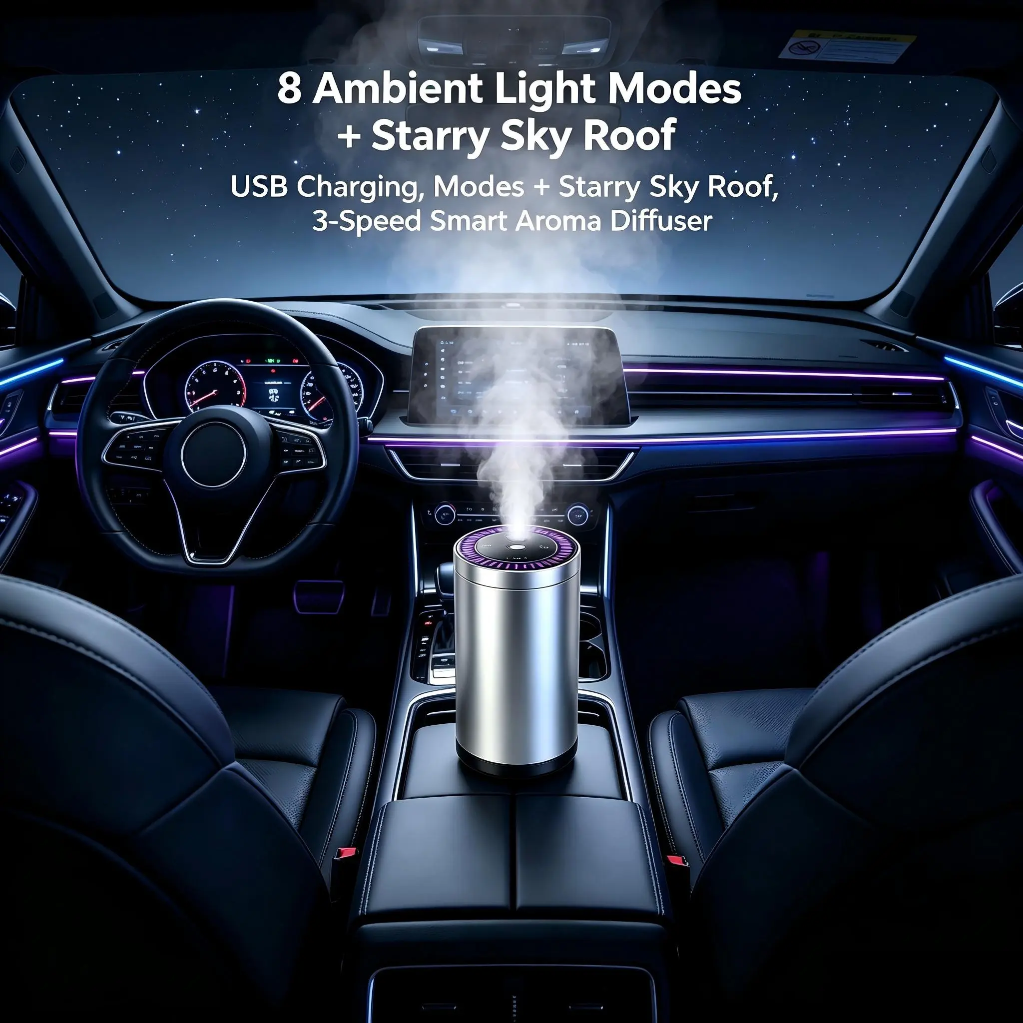 Silver Color Aroma Diffuser with 60ML Cologne Oil, Smart 3 Modes, 8 Ambient Lights, Starry Top, Ideal for Home, Car, Office