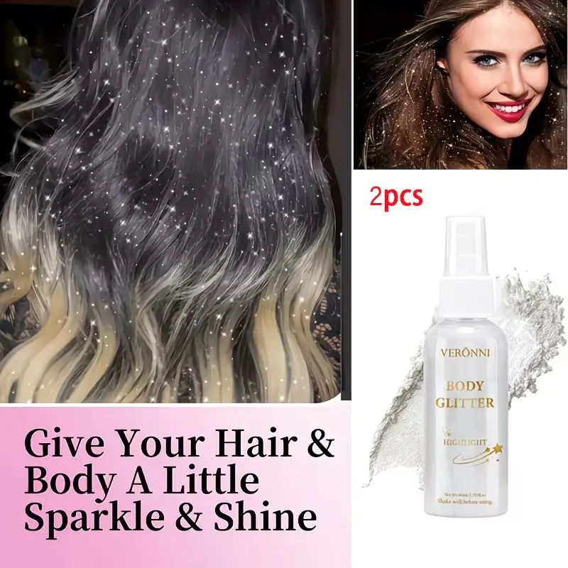 Veronni Silver Color Body Hair Highlighter Spray, 2-Pack 80ML, Liquid Glitter for Skin & Hair, Perfect for Parties & Events
