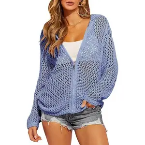Crochet Knit Zip Up Hooded Long Sleeve Cropped Cardigans For Women, Lightweight Mesh Open Weave Sweater Outer Layers, Soft Breathable Knitted Fabric With Neat Handcrafted Stitch Details, Loose Relaxed Cut Designed As Thin Comfortable Outer Cover Garments