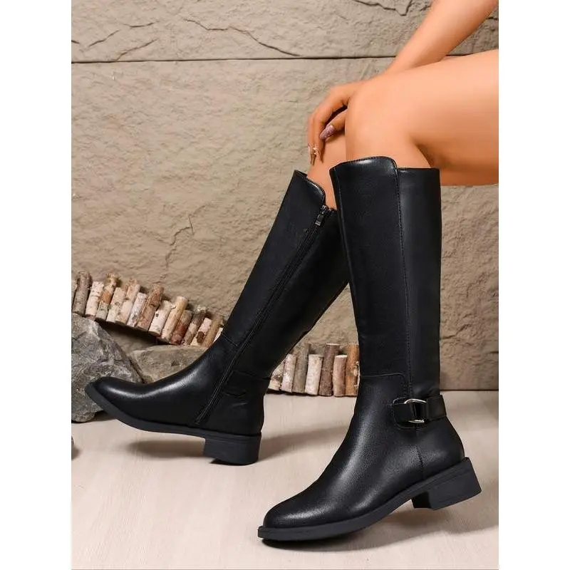 Women's Vintage Punk Knee-High Boots, Comfortable Lightweight Walking Boots, Adjustable Buckle Strap, Memory Foam Arch Support, Gothic Rock Style