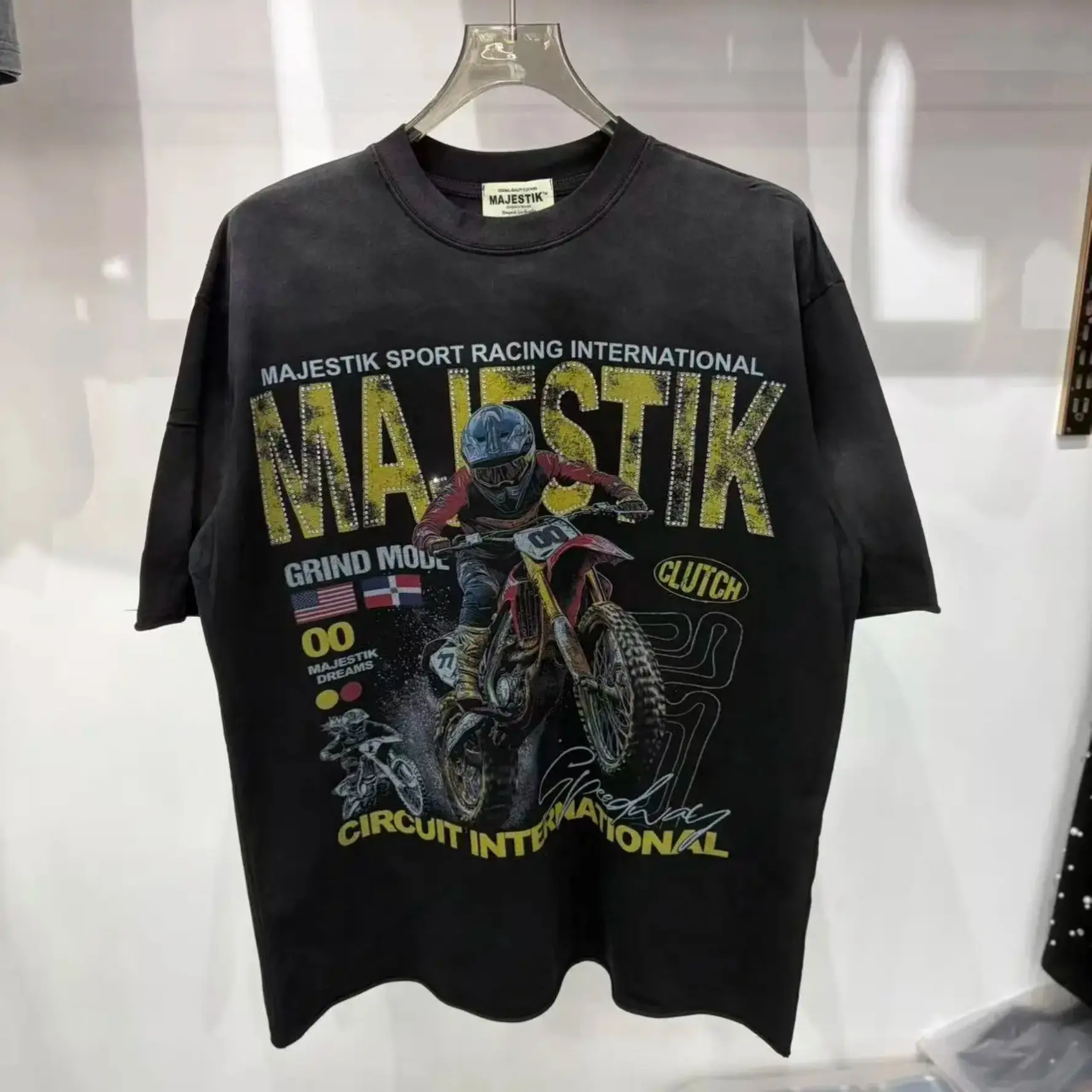 MAJESTIK Letter Hotfix Rhinestone Graphic T-Shirt 100% Cotton Loose Oversized Y2K Lightweight Breathable Short Sleeve Tees Autumn Casual Streetwear Top Men Women Unisex