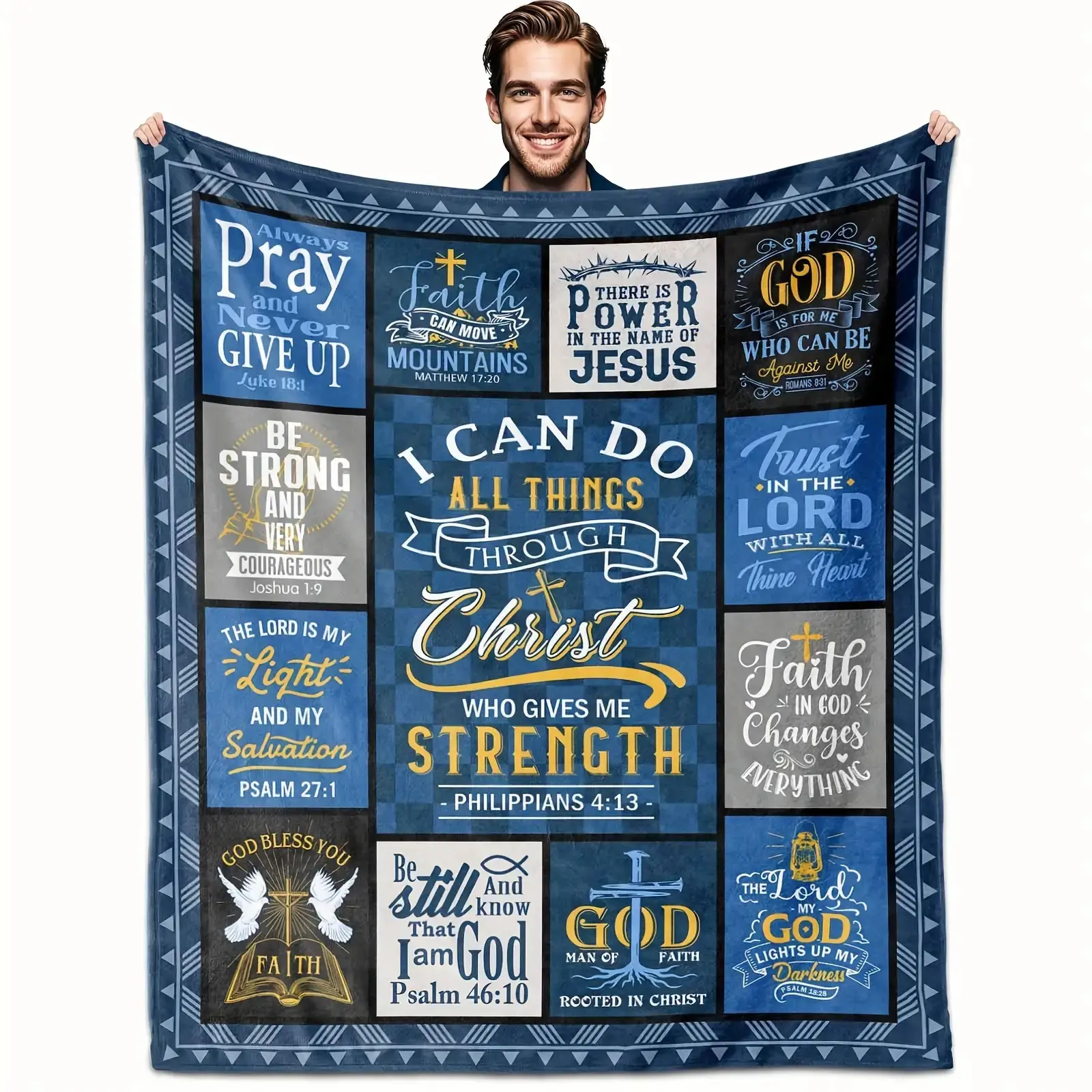 Christian Religious Flannel Blanket Soft Flannel Bedspread with Bible Verse & Cross Pattern - Spiritual Gift for Baptism, Church, Christmas - Blue Religious Design for Men