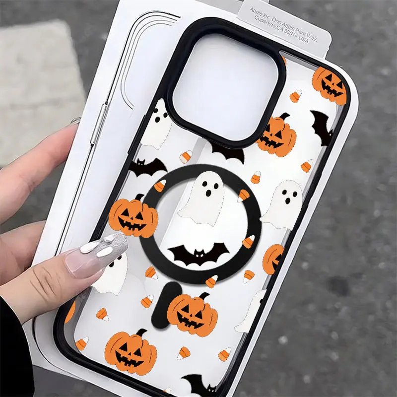 KKLLYY Halloween Acrylic Smartphone Casing - Jack O'Lantern, Ghost, Bat, Candy Corn Cartoon Design, Shockproof Protection, Raised Bezels, Wireless-Friendly Shell, Accessory for iPhone 18/17/16/15/14/13/12/11 Plus Pro Max Series, Spooky Holiday Gift