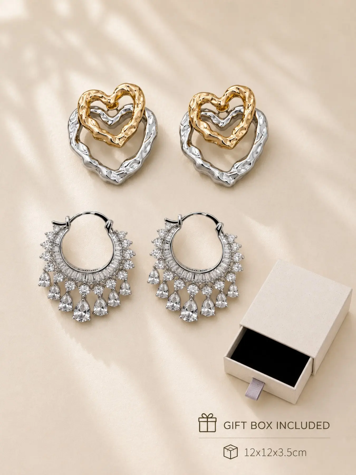 Romantic Heart and Rhinestone Earrings Gift Set 2pcs for Women, Mixed Metal Heart Earrings with Jewelry Box, Birthday Gift Holiday Gift