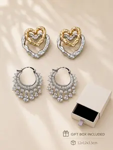 Romantic Heart and Rhinestone Earrings Gift Set 2pcs for Women, Mixed Metal Heart Earrings with Jewelry Box, Birthday Gift Holiday Gift