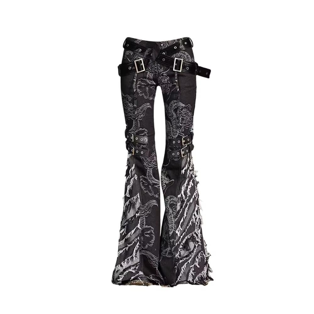 Women's High-Waisted 2000s Punk Flare Jeans - Tassel & Horn