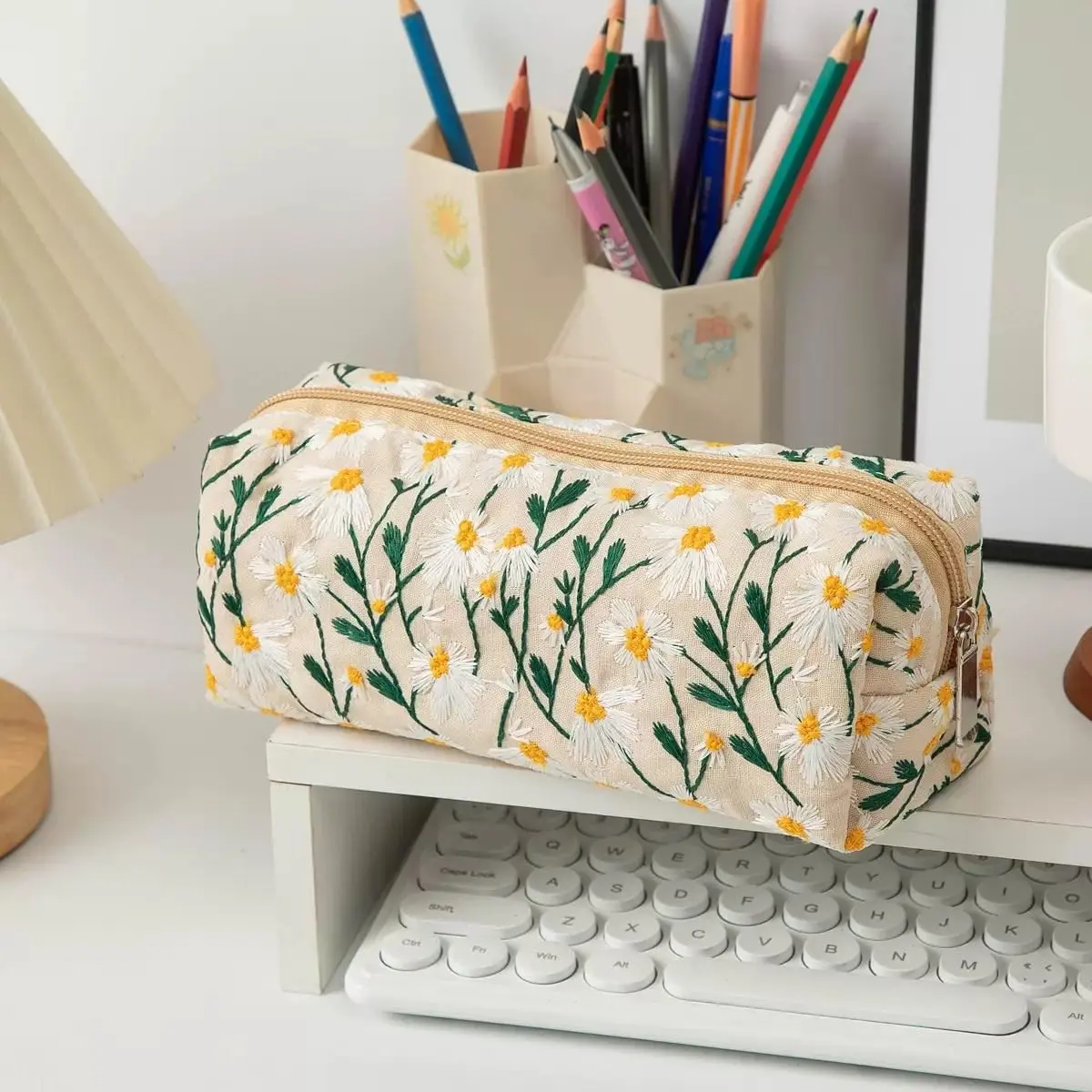 Pencil Case, Acetate Pencil Pouch for Women, Pencil Case Small, Pencil Pouch Aesthetic (Beige embroidery)