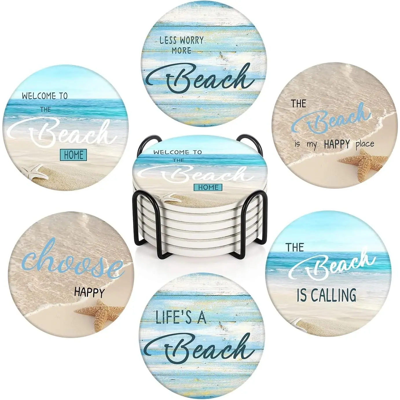 Set of 6 Ceramic Stone Drink Coasters in Beach Teal with Antique Shell Design, Absorbent Round Table Mats with Cork Base and Metal Holder, Housewarming Gift for Bar Room DecorGift