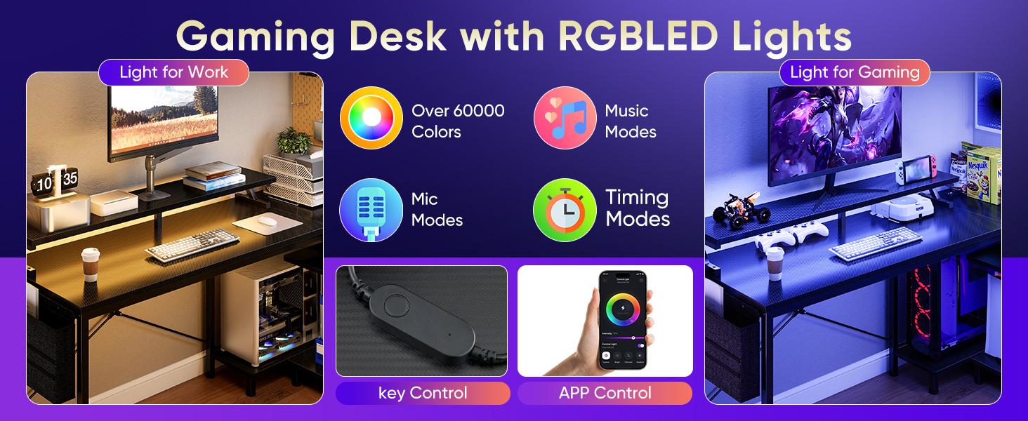 Gaming Desk, Computer Desk with USB Charging Ports, Power Outlets, Type-C and LED Lights, Reversible L Shaped Desk with Storage Shelves & Monitor Stand for Office Gaming Room Black 48IN