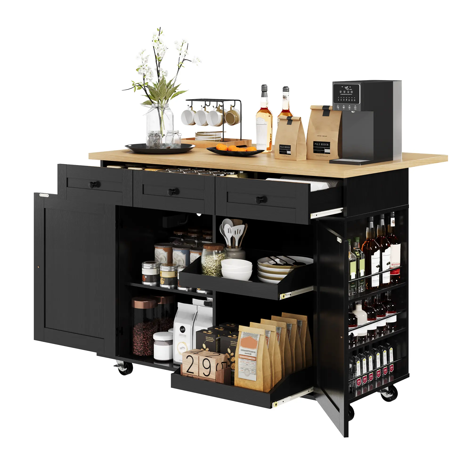 Rolling Kitchen Island Cart with Drop Leaf Countertop, Built-In Charging Station, 3 Drawers, Pull-Out Shelves, Spice Rack, Organizer Divider, Storage Cabinet on Wheels