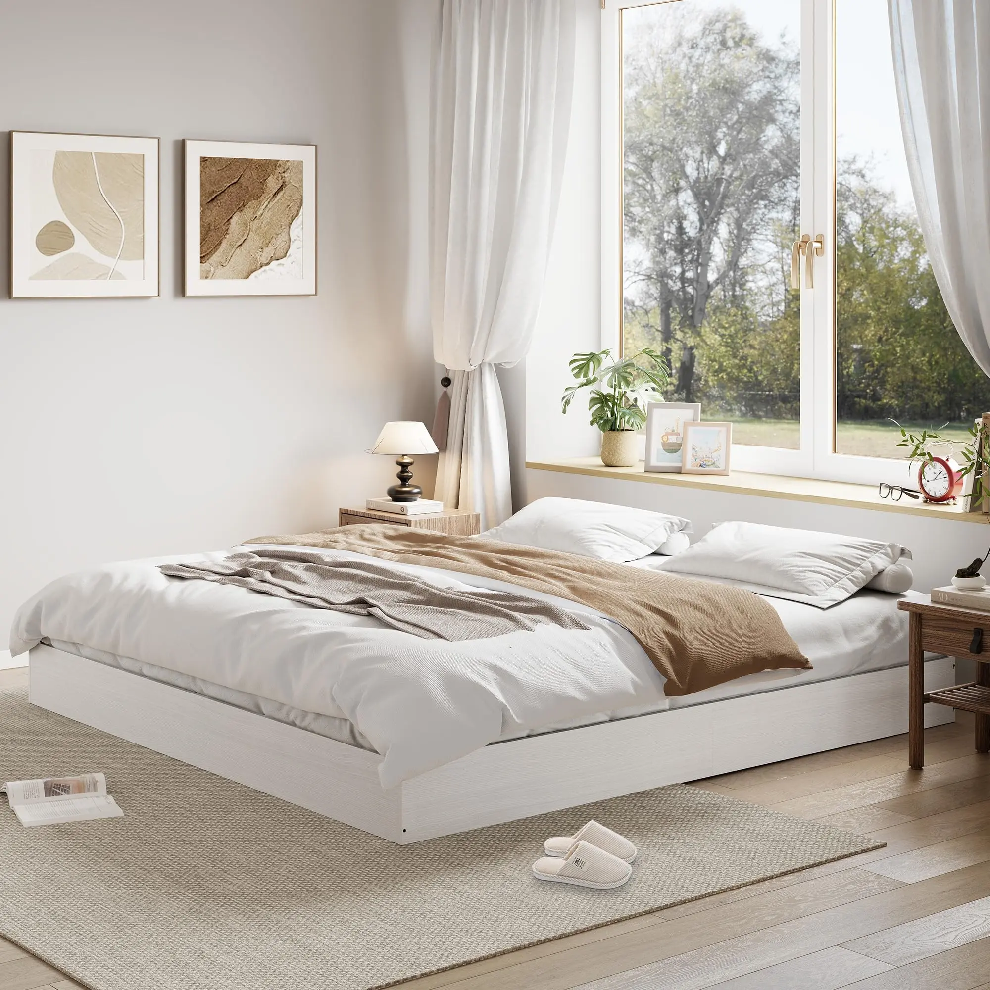 Twin/King Size Wood Platform Bed, Floor-Standing Bed Frame with Sturdy Wooden Slats, Modern Minimalist, Space-Saving, No Box Spring, Easy Assembly