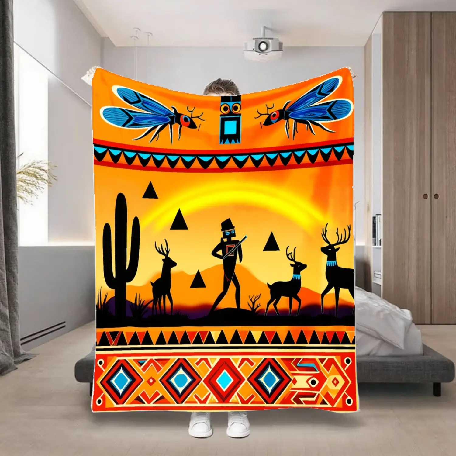 South Western Tribal Print Flannel Fabric Blanket - Breathable, Soft, Warm with Striking Turquoise, Orange, Red & Geometric Art - Cozy Style, Durable, for Home, Camping - Modern Tribal Home Decoration, Aztec Totem Print Blankets
