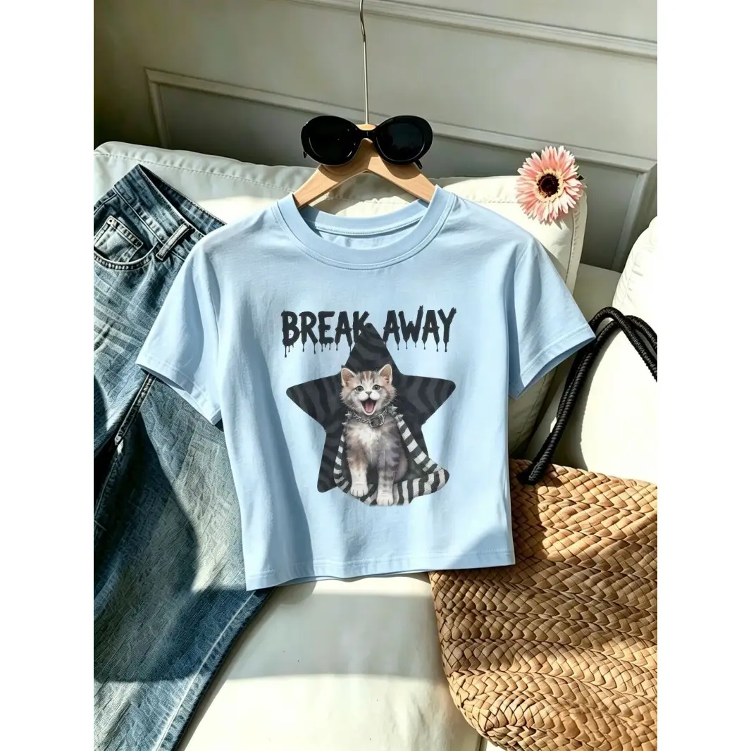 Cute Kitten Star Print Break Away Graphic Womens Cropped T Shirt Y2K Casual Short Sleeve Top Summer Daily Outfit Streetwear Soft Comfortable Tee For Teen Girls