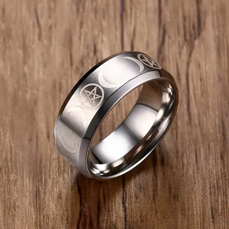 Unisex 8mm Wide Invisible Silver Tungsten Carbide Ring - Triple Goddess Pentagram, Classic Hip-Hop Street Style Band, Engagement Jewelry