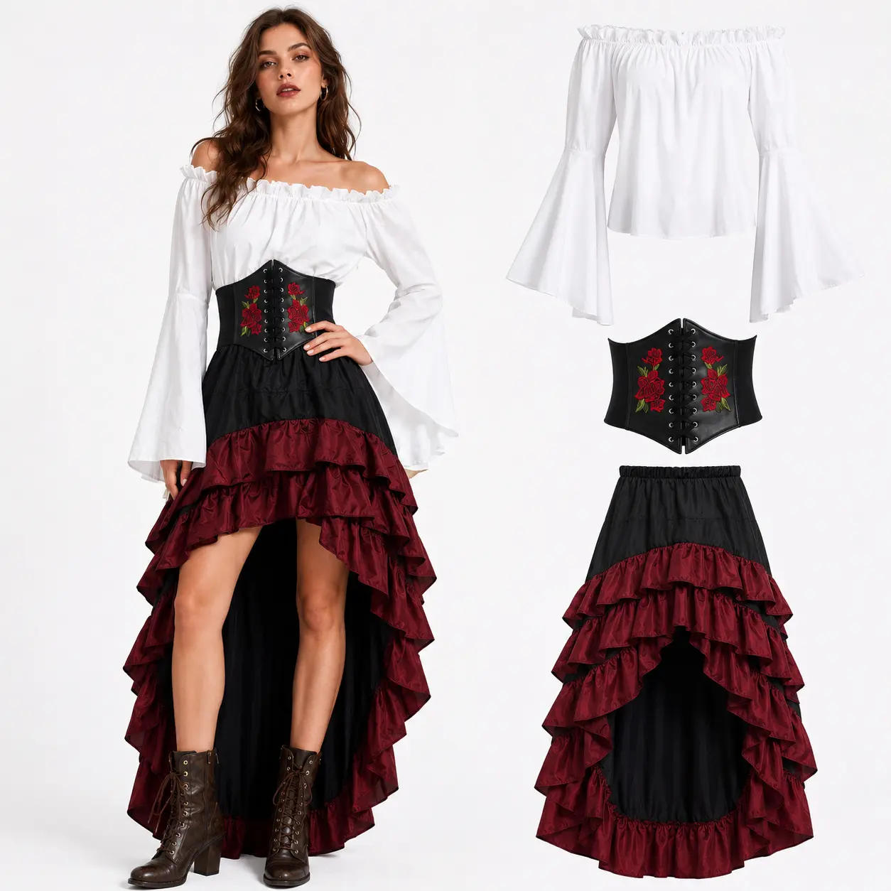 Women Pirate Costume 3‑Piece Set, Off‑Shoulder Bell Sleeve Top High‑Low Ruffle Skirt with Corset Waist Belt, Medieval Renaissance Halloween Cosplay Outfit for Women
