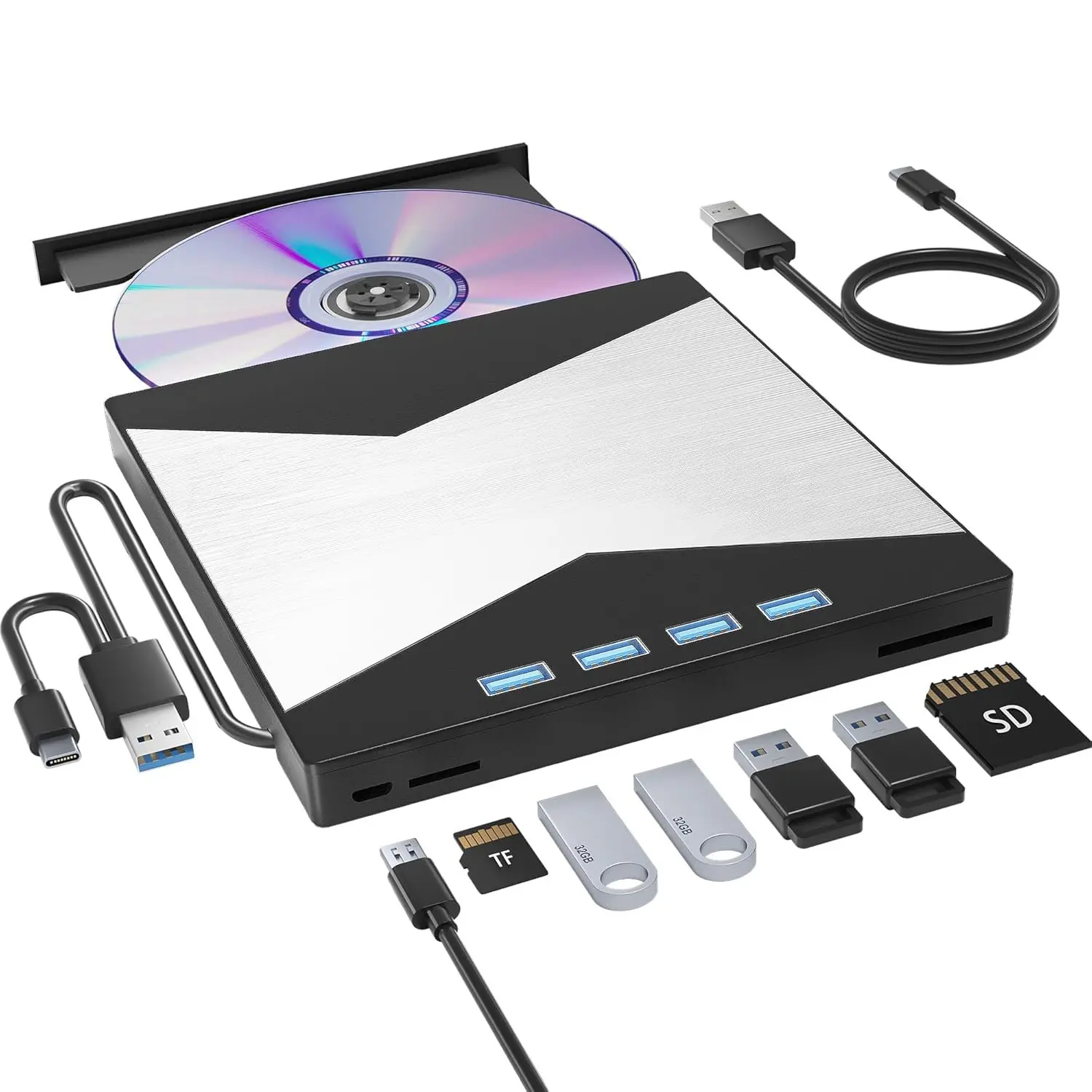 USB 3.0 & Type-C External CD/DVD Drive for Laptop, Portable DVD Player for Laptops, 7 in 1 Ultra-Slim CD Burner with 4 USB A Ports and 2 TF/SD Card Slots, External Disk Drive Optical CD DVD Drive Compatible with Laptop Desktop PC, Windows 11/10/8/7/XP, Vi