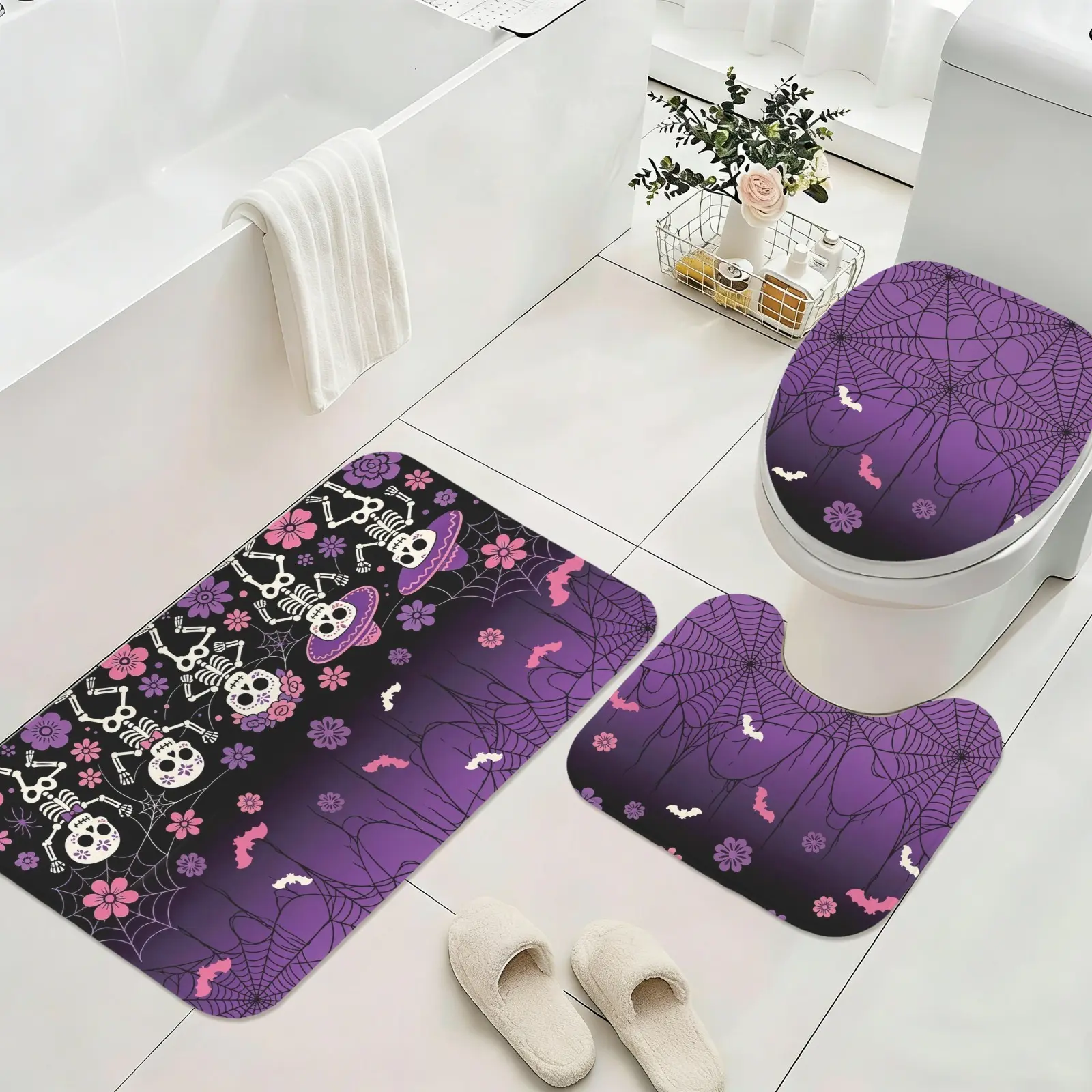 Non Slip Absorbent 3 Piece Bathroom Rug Set Vintage Halloween Skull Rose Floral Gothic Art Floor Mat U Contour Toilet Rug Toilet Lid Cover for Shower Bathroom Holiday Gathering Wipeable Washable Bathroom Decor Kit
