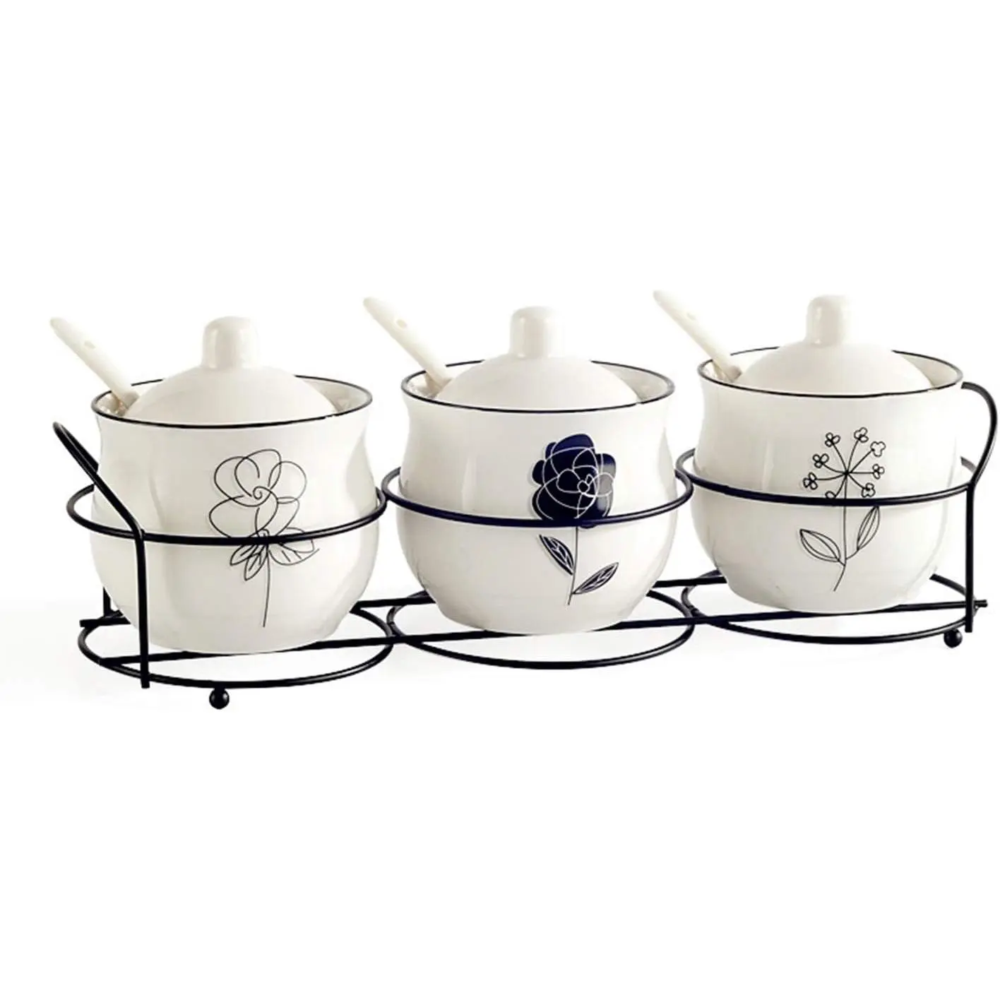 3-Piece Ceramic Sugar Jar Set with Spoons, Shelf and Metal Utensils - 230ML Porcelain Kitchen Condiment Canister, Food Storage Jug Container