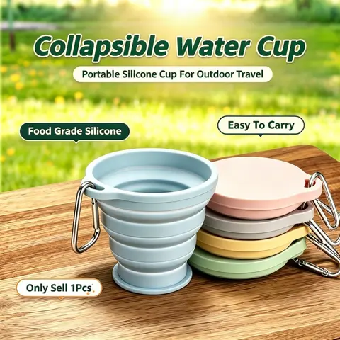 Foldable Silicone Travel Cup Set, Food-Grade Reusable Portable Water Bottle, with Lid and Hook, Ideal for Camping, Hiking, Outdoor Adventures, Camping Kitchenware
