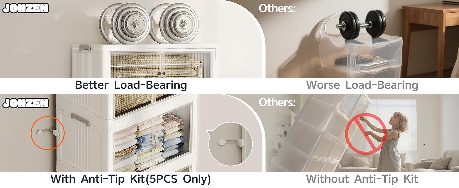 JONZEN 192Qt Plastic Storage Bins with Lid, 48GAL Closet Organizer and Stackable Storage Drawer, Collapsible Clear Box with Wheels, Clothes Cabinet Containers for Home Garage, 4Pack White