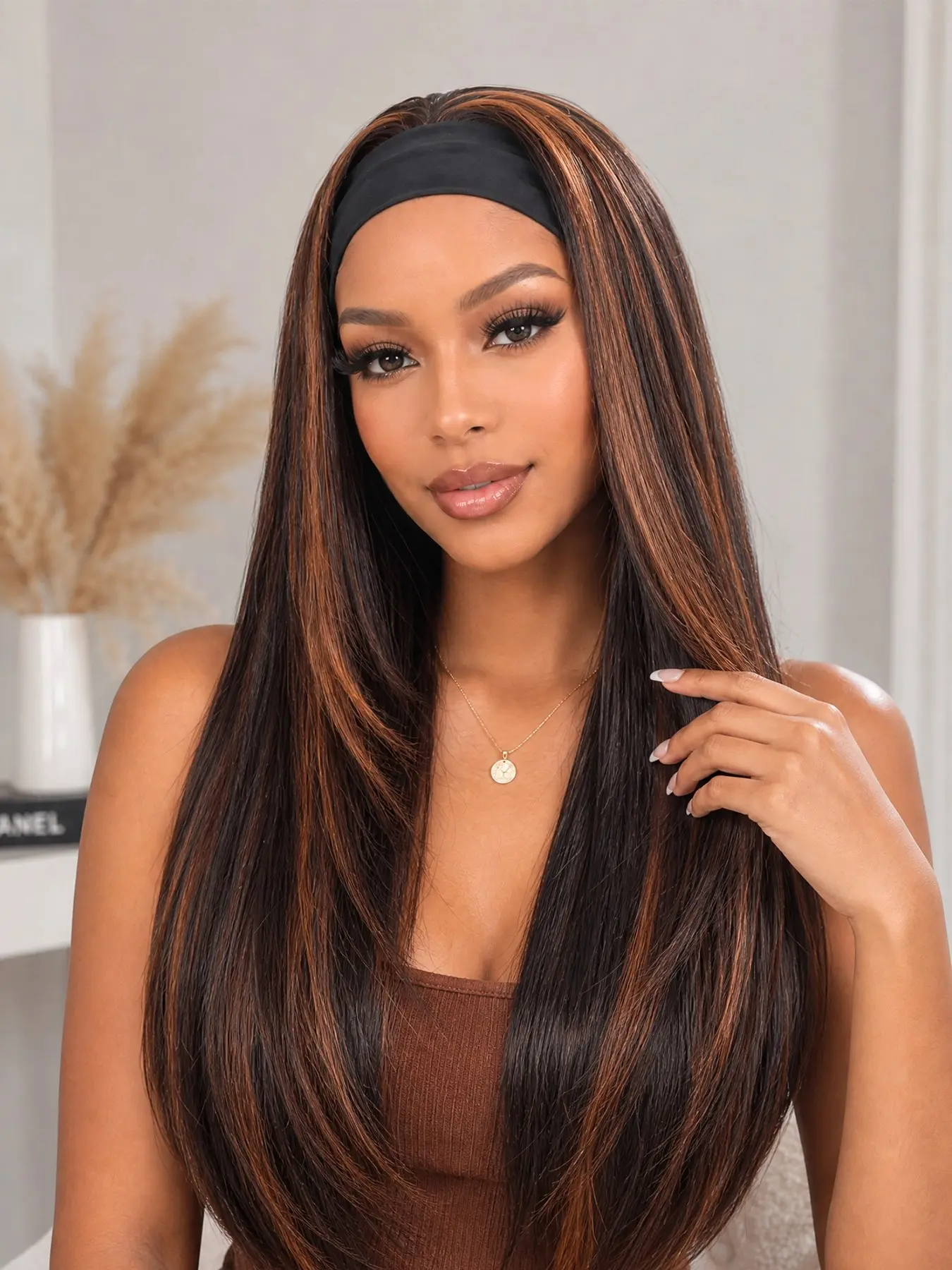 Long Straight Layered Headband Wigs for Women, Highlight Half Wig, 26 Inch Synthetic, Glueless, Heat Resistant, Beginner Friendly