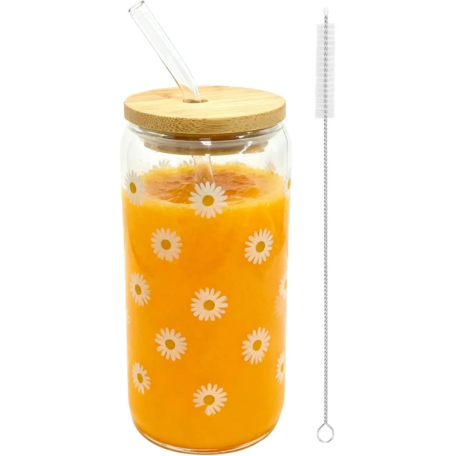 Flower Glass Cups - 16 oz Tumbler with  , Glass Straws & Cleaner Brushes for Smoothies, Iced Coffee, Juicing - Aesthetic,  Drinking Mug for Teens