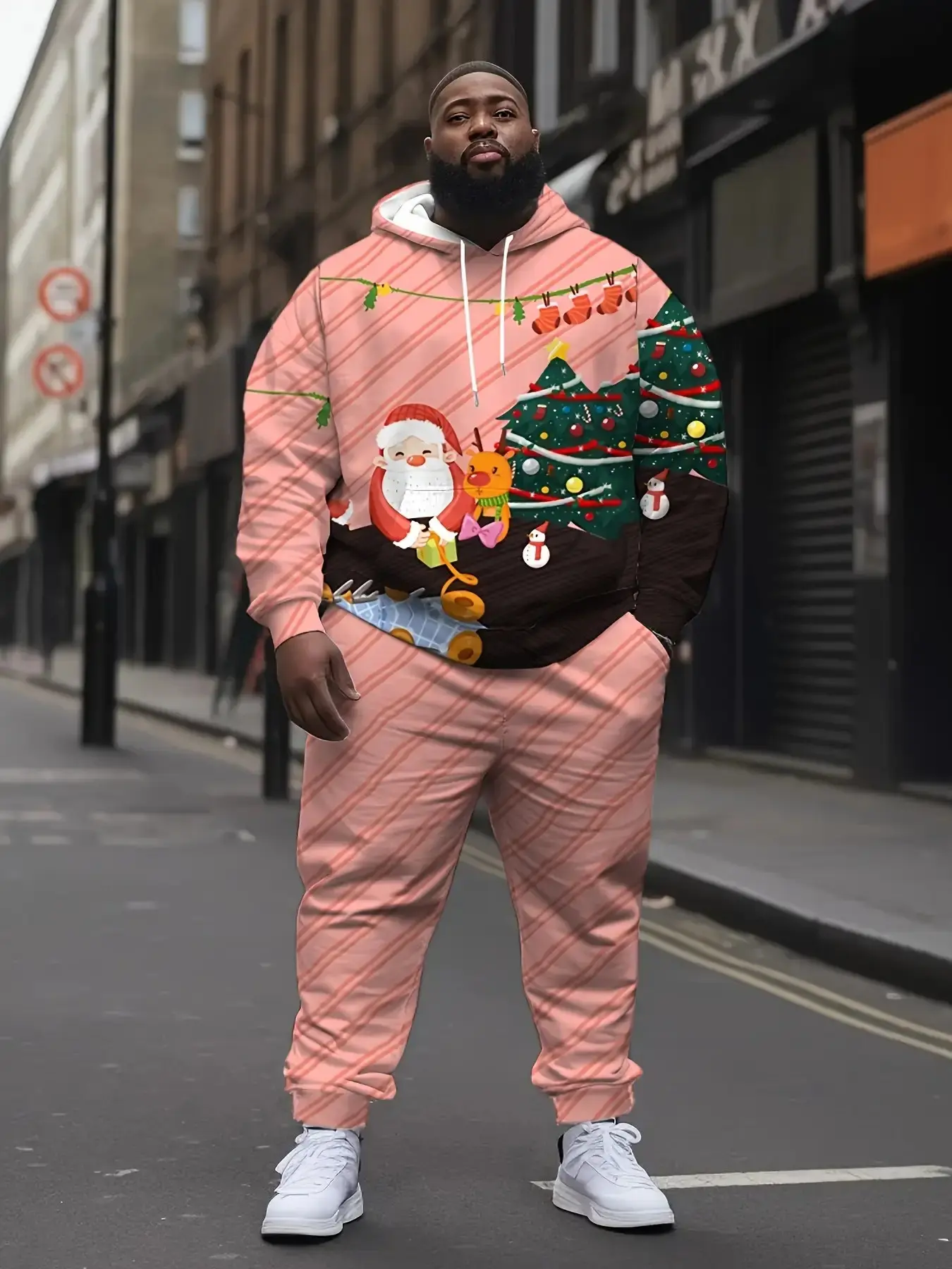 Christmas Cartoon Reindeer Snowman Gift Box Plus Size Sweatshirt and Sweatpants Set, Casual Asymmetrical Design, Fall & Winter Wear