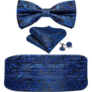 Men Silk Paisley Cummerbund and Pre-tied Bowtie Handkerchief Cufflink Set for Tuxedo