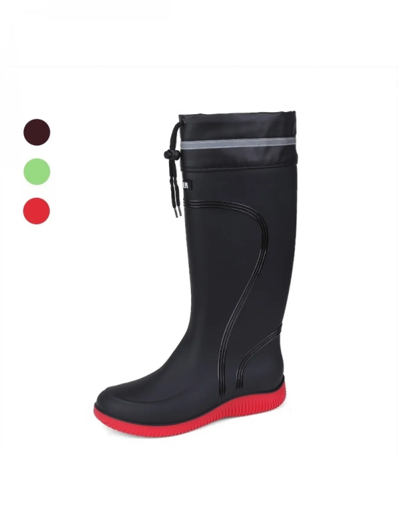 Women's black reflective tall rain shoes, matte waterproof rubber, leak-proof drawstring cuff, soft textured sole for rainy commute