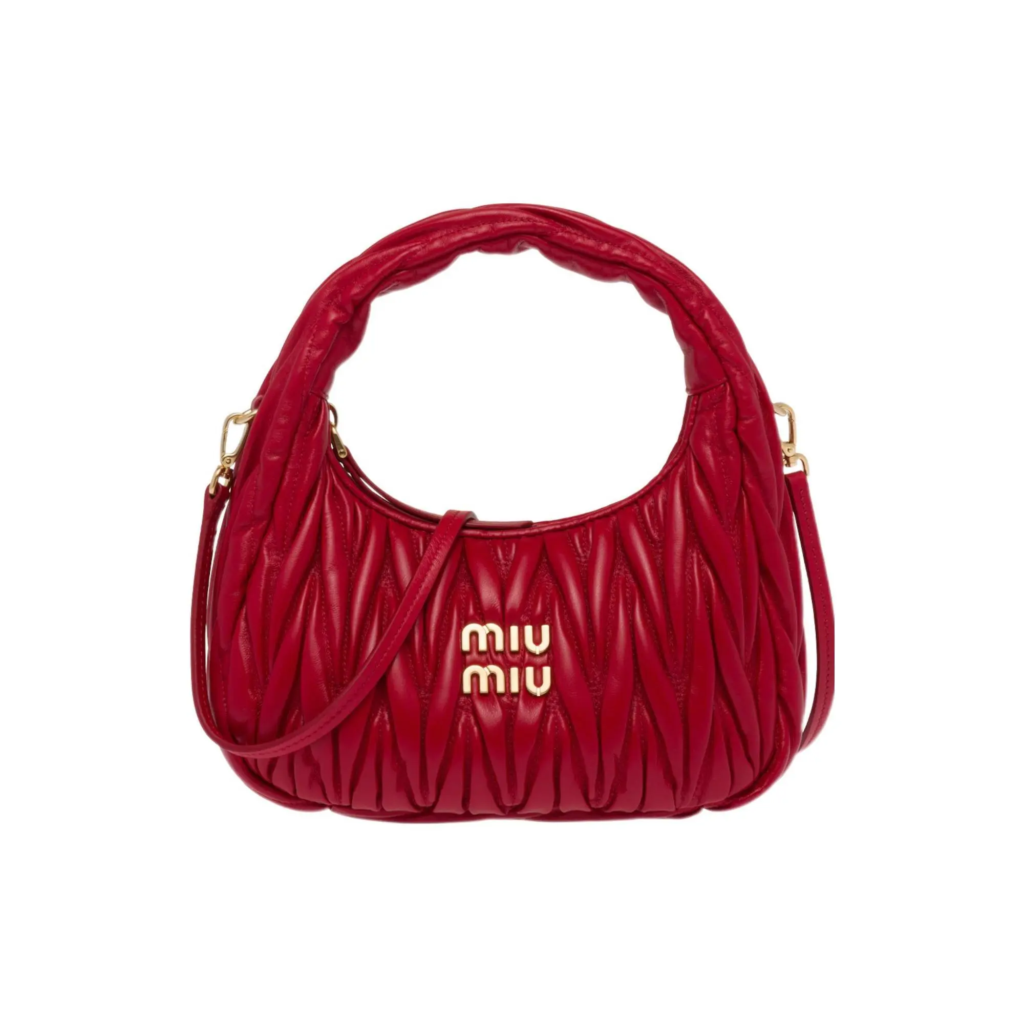 Miu Miu Wander 2026 Spring Collection Embossed Hobo Bag for Women – Red Lambskin Crossbody and Shoulder Bag