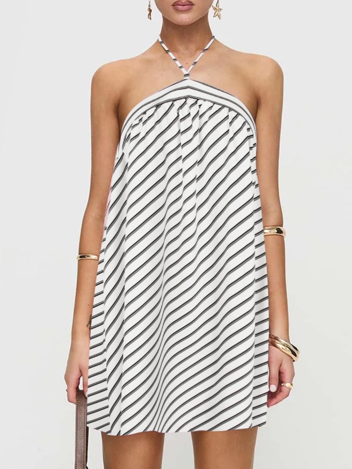 Women's Striped Print Halter Neck Dress, Bohemian Halter Dress, Casual Sleeveless Short Dress for Summer, Beach Holiday Dress, Ladies Clothes for Daily Wear