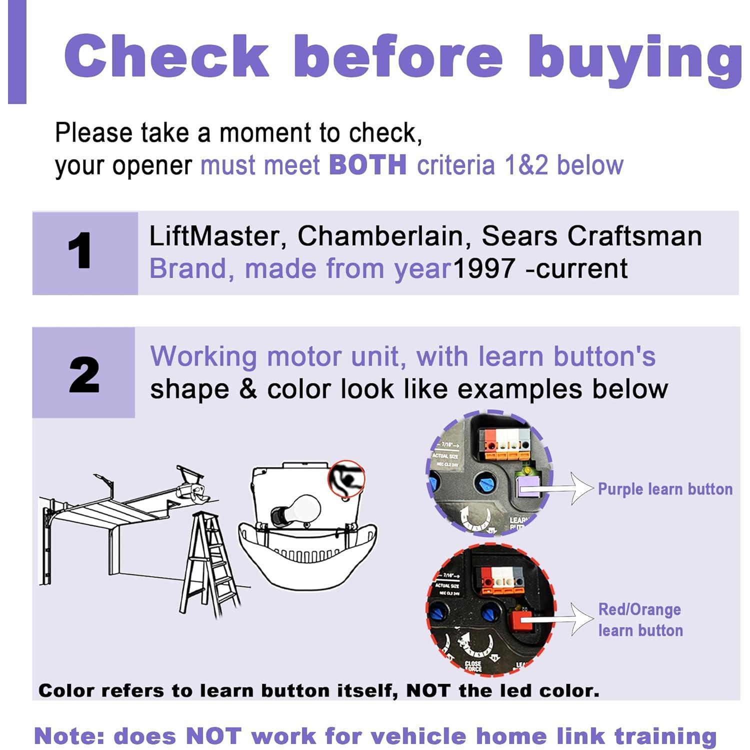 2 Garage Door Opener Remote, for Chamberlain LiftMaster Craftsman Garage Door Opener Remote 371LM 373LM 971LM 973LM 950CD 139. 53681, Purple Red Orange Learn Button Garage Door Remote