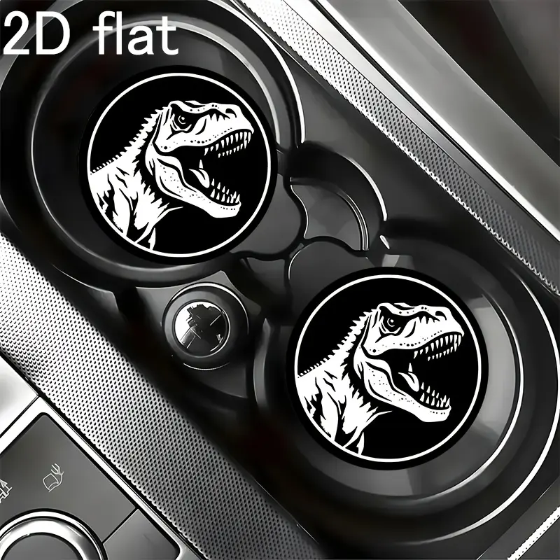2D Flat-2pcs T-Rex Dinosaur Car Cup Holder, T-Rex Black White Minimalist Style, Exquisite Auto Cup Coasters, Simple Practical Design, Ideal Daily Car Interior Supplies, Wonderful Gift Choice for Halloween And Christmas.5.23LZL-15, 2D Flat