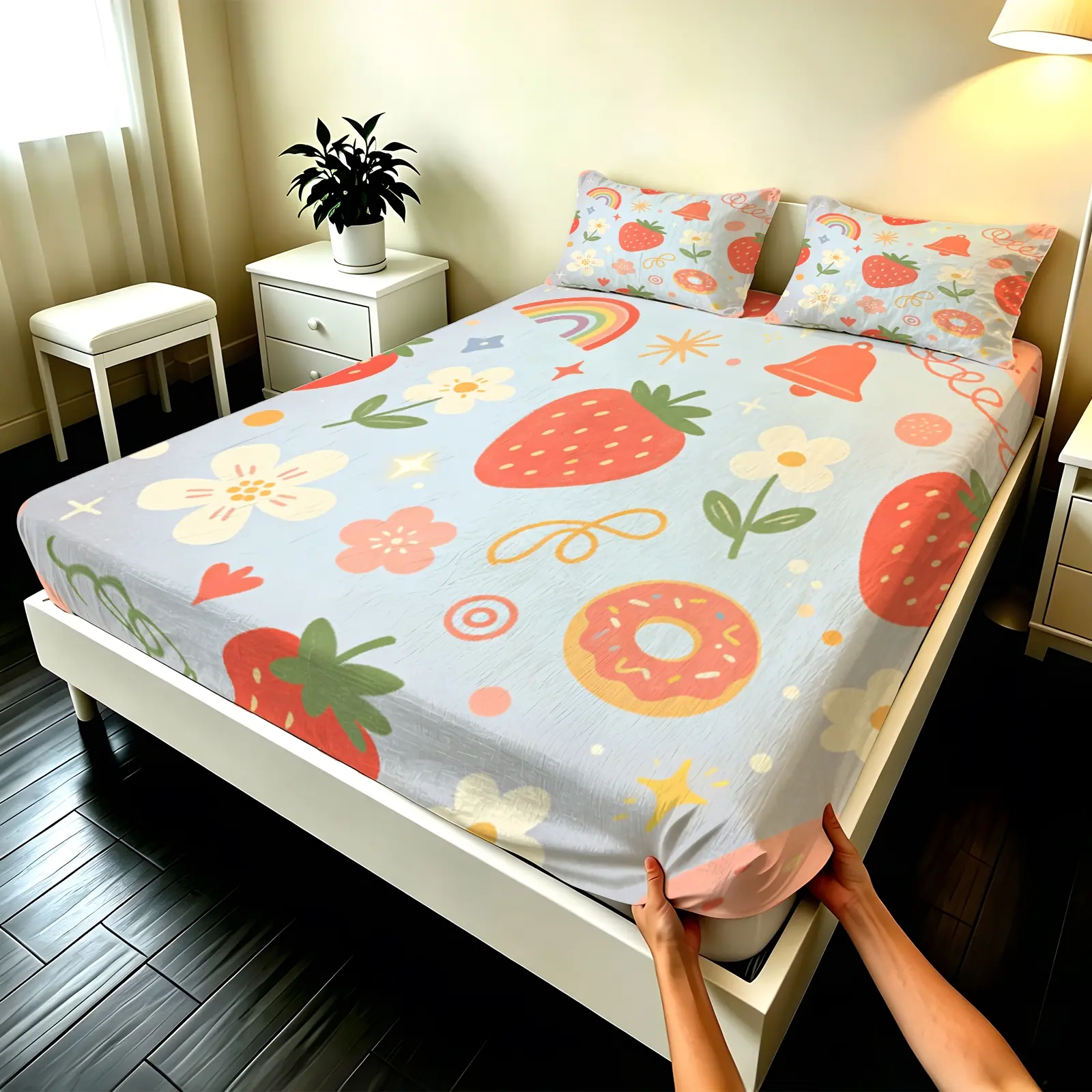 3pcs Fitted sheet Strawberry Rainbow Donut Floral Print Soft Microfiber Bedding Set, Wrinkle Resistant Fade Proof Breathable Ultra Soft Fitted Sheet Set for Bedroom Home Dorm, Fits Twin Full Queen King Size