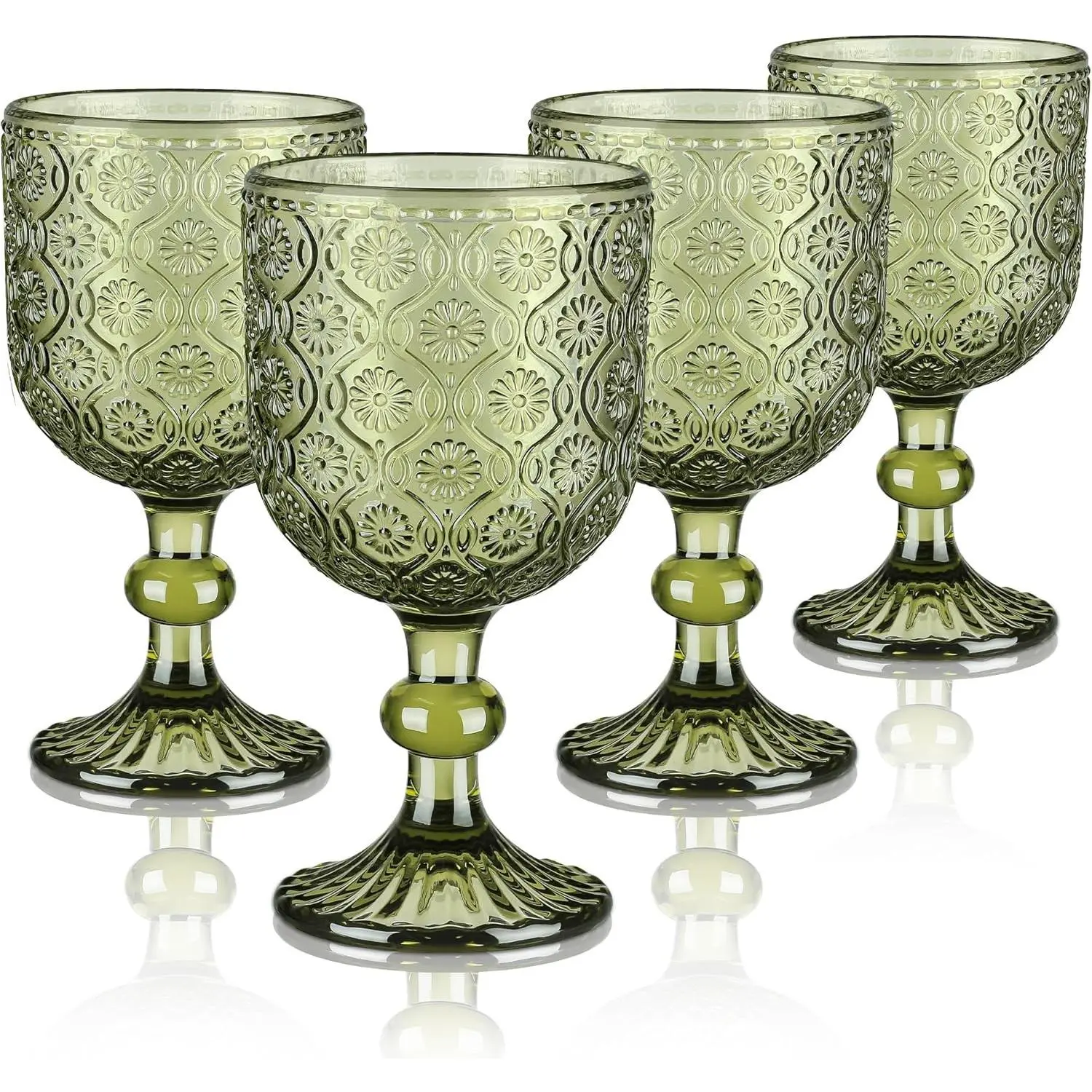 Set of 4 12 oz Vintage Green Embossed Floral Stemmed Wine Goblets, Heavy-Duty Colored Drinking Glassware, Dishwasher Safe for Wedding Party Bar Use
