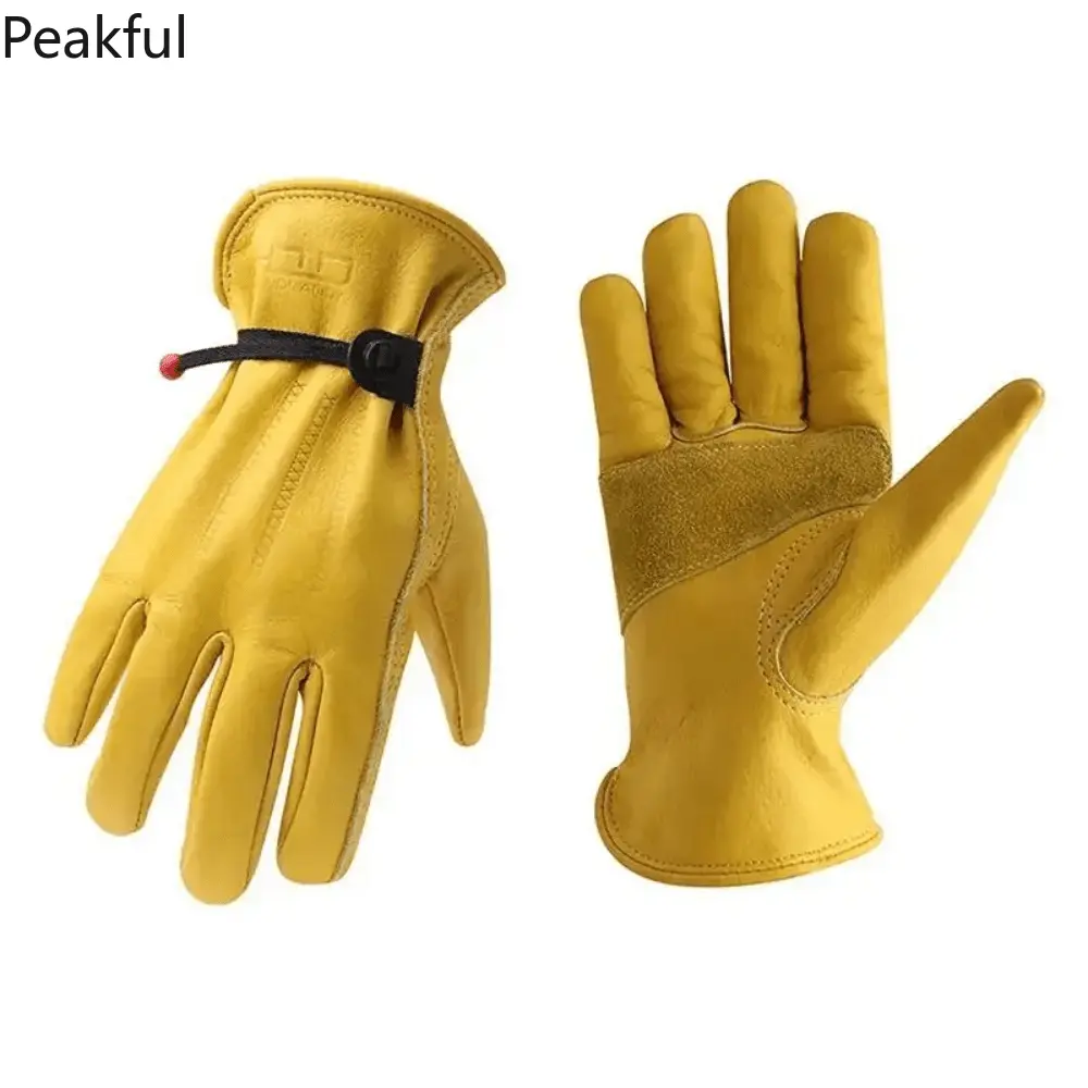 Heavy Duty Yellow Cow Grain Leather Driver Gloves Adjustable Drawstring Wrist Closure Work Gloves For Construction Gardening Yard Work